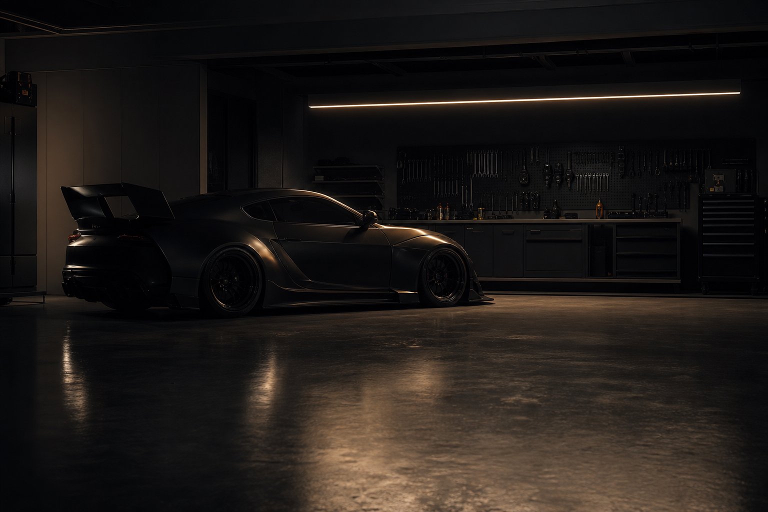 A low, modified sports car parked in a dark private garage under a single strip light, tool wall in shadow